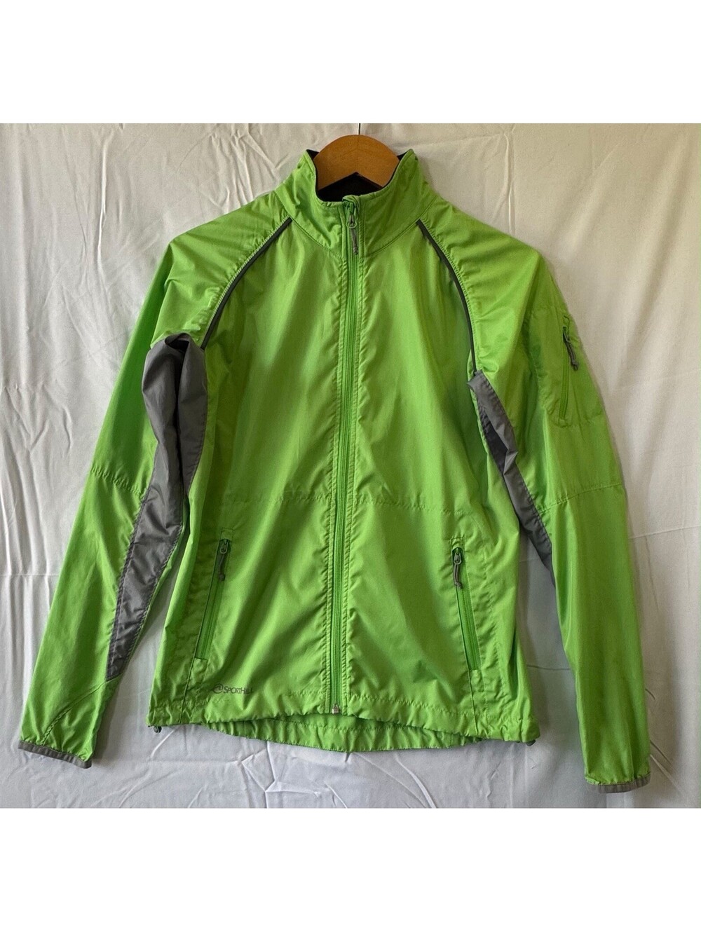 SportHill Windbreaker Jacket Womens Small Green Gray Running Reflective